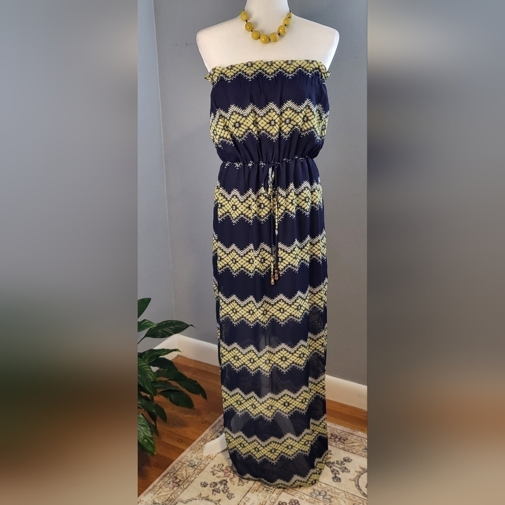 City Triangles Strapless Side Slit Partially Lined Sheer Overlay Maxi - Size M